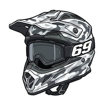 Realistic camo pattern motocross helmet front view Comic Vector Illustration | Motocross-Helm im Tarnmuster F&uuml;r T-Shirt Design