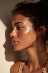Naklejka premium Natural tanned skin, hydration skincare, spa, beauty makeup model profile