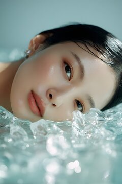 Close-up of a female beauty model's face with an ice-cooling skincare concept, hydrating cosmetics advertisement