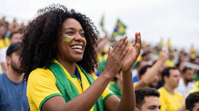 A joyful woman with curly hair wearing Brazil colors and face paint claps her hands while cheering for her national soccer team in a crowded stadium.