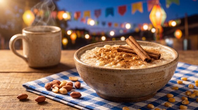 A bowl of creamy Brazilian rice pudding, known as Arroz Doce, topped with cinnamon, served with hot coffee at a festive Festa Junina celebration.