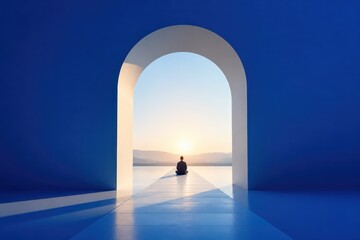 Fototapeta premium Minimalist blue interior with arched doorway framing a meditating person at sunrise