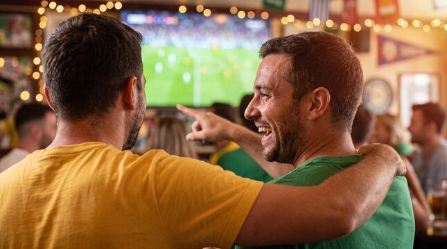 Two male friends in jerseys hugging and laughing while watching a soccer match on a big screen at a crowded sports bar, enjoying the game together.