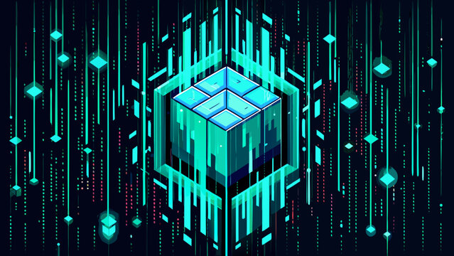 Abstract digital cyber block surrounded by glowing matrix data streams and binary code particles with technology abstract futuristic computing connection information intelligence background