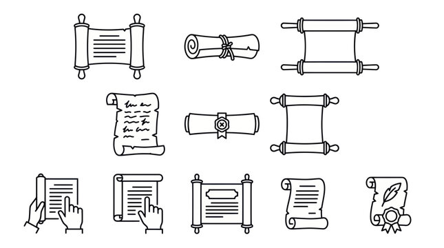 Vintage scroll icons set, hand-drawn document rolls, diploma, paper, history, law