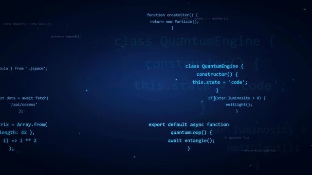 Abstract Digital Background with Scrolling Computer Code and Glowing Particles in Deep Blue Space