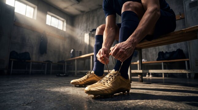 Male Athlete Sitting on a Bench in a Locker Room and Tying the Laces of His Golden Soccer Boots