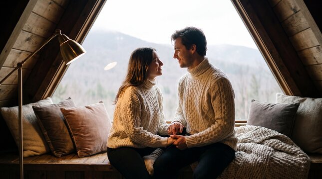 A loving young couple in cozy cable-knit sweaters holding hands and looking into each other's eyes by a large A-frame window in a mountain cabin.