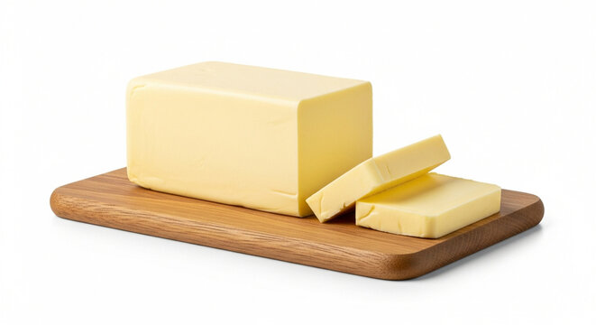 Fresh Butter Block on Wooden Board, Sliced Dairy Product, Natural Organic Fat, Cooking Ingredient on White Background