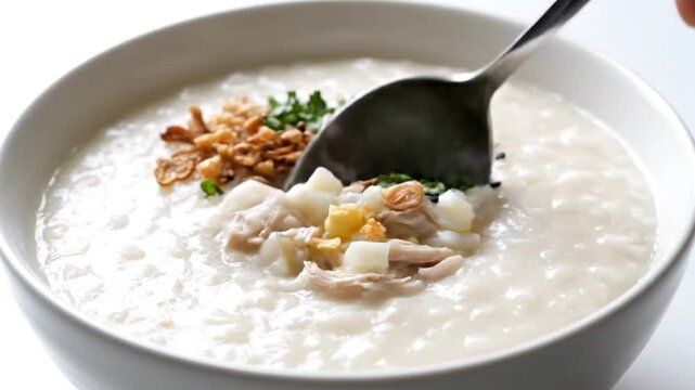 Rice Porridge Served with Garnish in Bowl. 4K Video