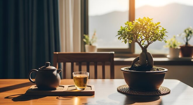 A serene scene with a bonsai tree, teapot, and cup of tea on a wooden table