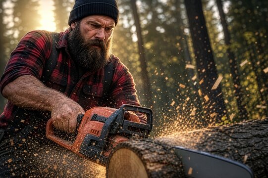 Rugged Lumberjack with Chainsaw Cutting Wood in Forest at Sunset with Flying Sawdust