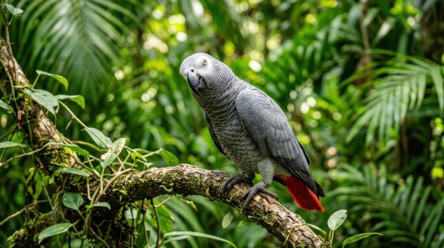 African grey parrot vibrant green background curious expression tropical bird