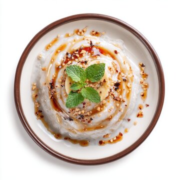 Che Chuoi banana tapioca pudding with coconut milk drizzle isolated on a white background