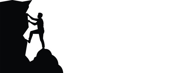 Black silhouette of a man rock climbing on a craggy cliff isolated on a clean white background © malik