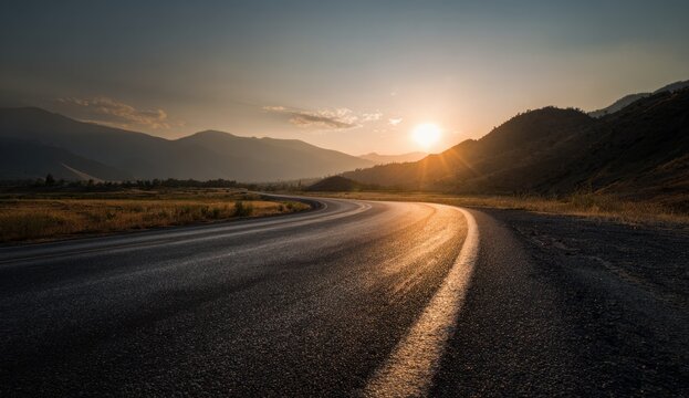Open road with a smooth asphalt surface curving into the distance under a vibrant sunset sky, surrounded by hilly landscape and distant mountains