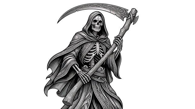 Grim reaper skeleton holding scythe fire pit vector design