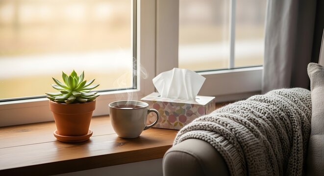 Cozy morning scene with a cup of coffee and a potted plant on a windowsill
