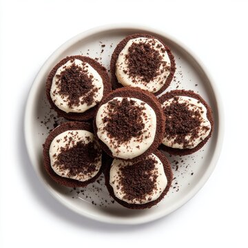 Chocotorta mini cups with layered chocolate cookies and cream isolated on a white background