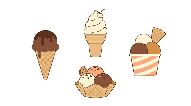 National Ice Cream Day Illustration Set with Chocolate Cones Soft Serve and Scoops in Waffle Bowls