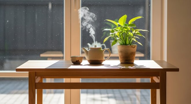 Steaming teapot and plant on wooden table by a sunny window with raindrops