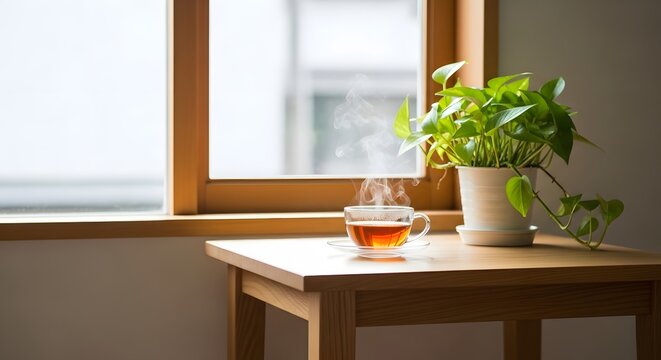 A steaming cup of tea on a wooden table by a window with a plant