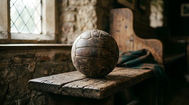 A worn vintage soccer ball placed indoors with rustic surroundings, evoking nostalgia, football history, tradition, and timeless sporting memories.