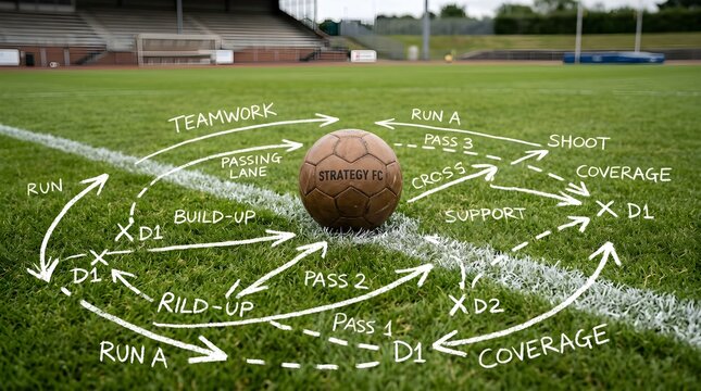 Soccer ball beside strategic diagrams on grass, emphasizing teamwork, coaching decisions, fifa tournament preparation, and world cup ambitions.