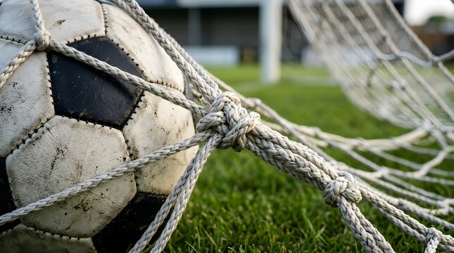 Soccer ball trapped in the goal net representing success, winning goals, championship celebrations, fifa tournament triumphs, and world cup glory.