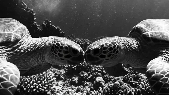 Black and White Underwater Scene of Two Sea Turtles Swimming Close Together with Coral Reefs