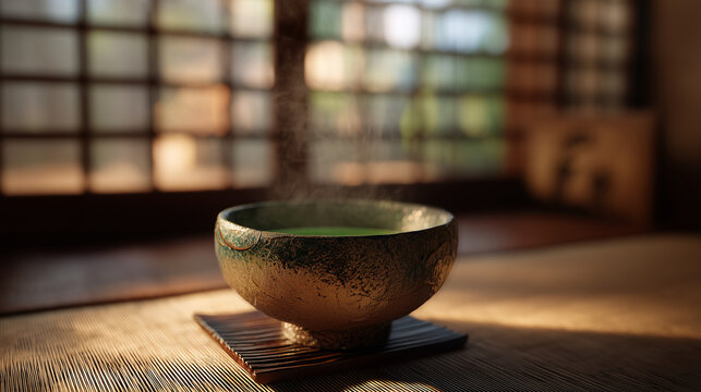 畳の和室で提供される伝統的な日本茶
Traditional Japanese Green Tea Served in a Tatami Room