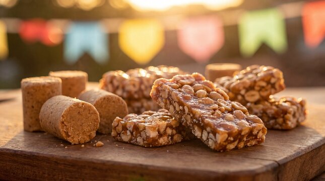 Close-up of Brazilian Festa Junina treats, pe-de-moleque and pa&ccedil;oca, arranged on a wooden board at sunset with colorful festive flags in the blurred background.