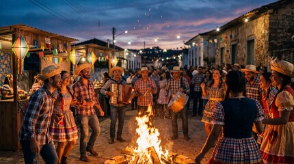 Obraz premium People dressed in traditional clothing celebrating the Festa Junina festival in Brazil, dancing and playing music around a glowing bonfire in the evening.