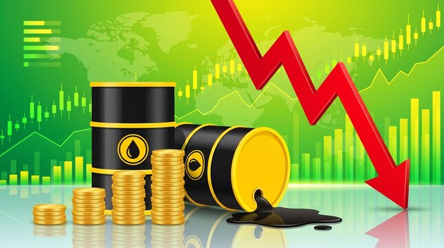 Crude Oil Price Drop Concept with Oil Barrels, Gold Coins, and Falling Red Arrow Chart on Green Background