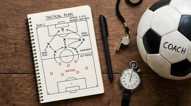 Tactical strategy board with coaching notes and equipment, illustrating game planning, formations, and preparation for high-level football competitions.
