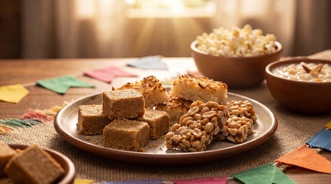 A plate filled with traditional Brazilian Festa Junina sweets like pa&ccedil;oca and cocada, set on a rustic wooden table decorated with colorful festive flags.