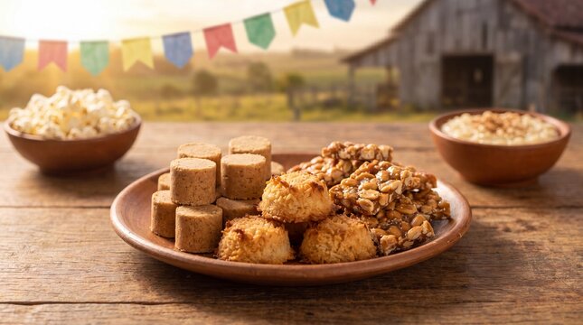 A rustic plate featuring Brazilian June Festival treats like pa&ccedil;oca, cocada, and p&eacute; de moleque, set on a wooden table against a festive countryside background.