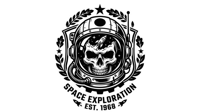 Skull Astronaut Helmet Emblem with Space Exploration Text