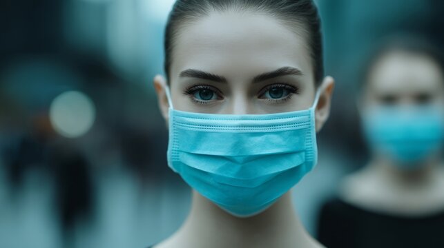 Public health awareness concept, city street with people walking calmly wearing masks, everyday life during epidemic, realistic colors, documentary style, commercial editorial stock image