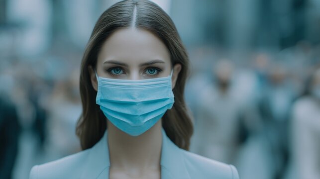 Public health awareness concept, city street with people walking calmly wearing masks, everyday life during epidemic, realistic colors, documentary style, commercial editorial stock image