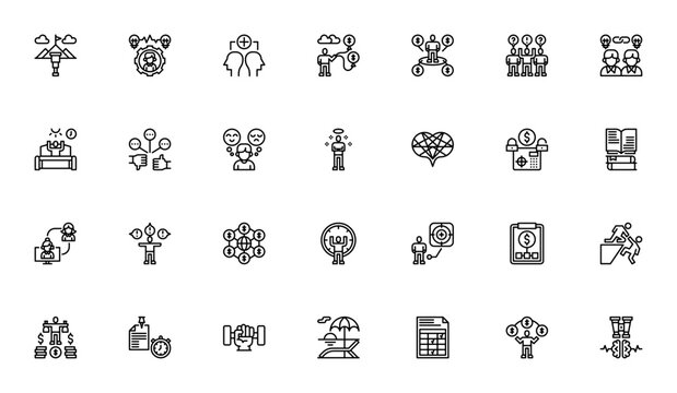 Millionaire habits icon set. Minimalist vector icons pack. Featuring focus, skills, business, opportunity, income, think different, learn, goal, planning, finance and more. Editable stroke.