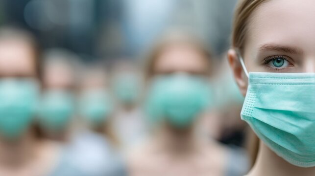 Public health awareness concept, city street with people walking calmly wearing masks, everyday life during epidemic, realistic colors, documentary style, commercial editorial stock image