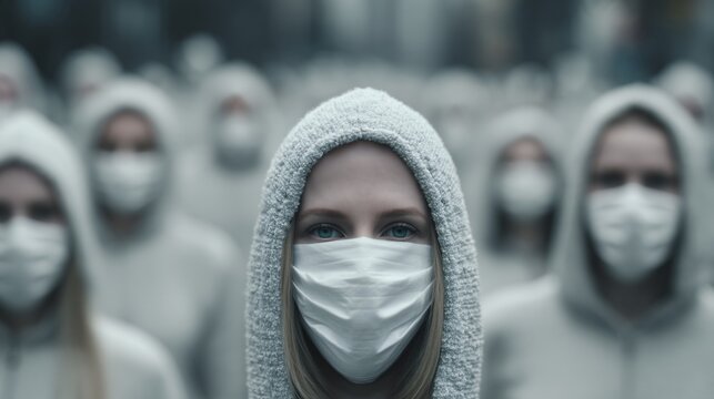 Public health awareness concept, city street with people walking calmly wearing masks, everyday life during epidemic, realistic colors, documentary style, commercial editorial stock image