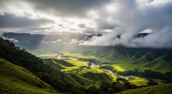 Vibrant Papua mountain landscape after refreshing rainfall, with dramatic sunrays illuminating lush green valleys and cloud-covered peaks.