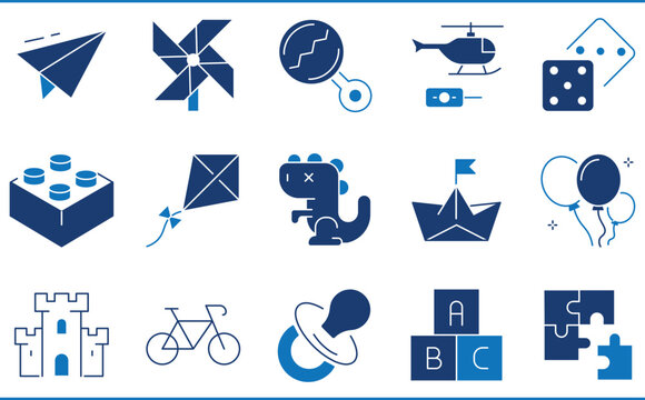 A set of icons related to Children's toys. Play, building block, balloons, paper boat, dice, and so on.