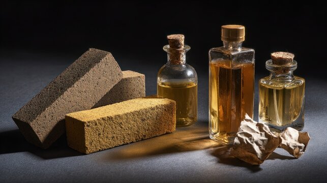 Various bottles of black cumin oil with textured soap and crumpled paper on dark surface