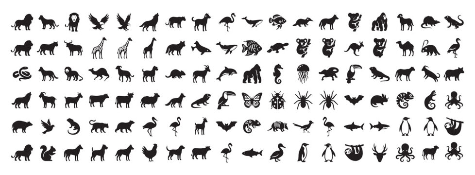 Minimalist animal silhouette collection, large set of black wildlife icons, diverse fauna vector graphics for nature branding and educational design
