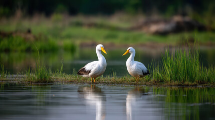 Obraz premium Two white ducks with yellow beaks stand on a narrow strip of land beside a tranquil body of water, surrounded by lush green reeds and grass