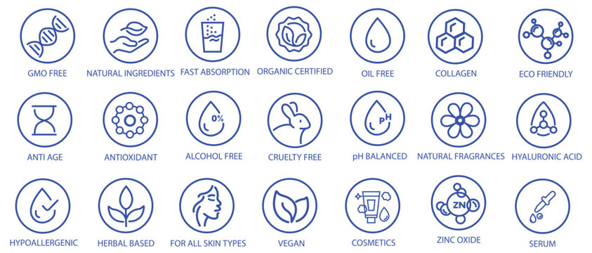 Organic, natural, vegan, cruelty free, collagen, anti age, antioxidant cosmetic editable stroke outline icons set isolated on white background flat vector illustration. Pixel perfect. 64 x 64. 