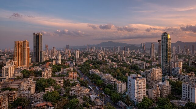 View of a modern cityscape from an elevated vantage point during sunset, showcasing diverse high-rise buildings, lush green parks, and a vibrant urban environment